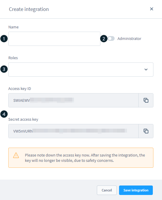 إدارة Shopware: نافذة إنشاء تكامل